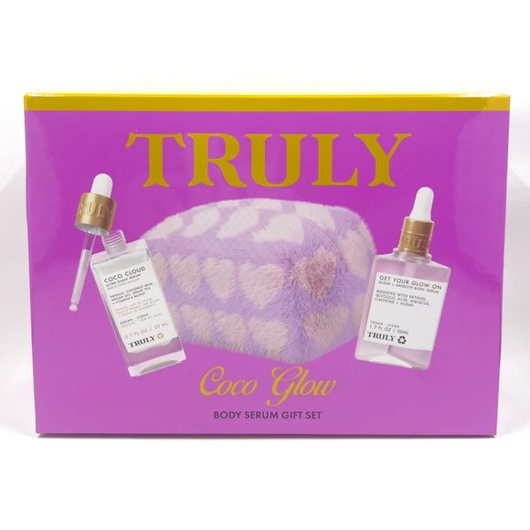 Truly 3pc Coco Glow Body Serum Gift Set After Shave Fuzzy Cosmetic Bag Glow - Picture 1 of 5